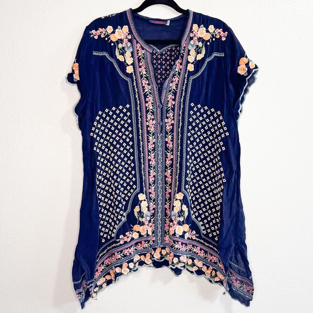 Johnny Was Moji Navy Floral Embroidered Short Sleeve Ruffle Tunic - Picture 2 of 9
